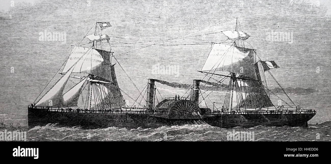 Portrait of the French Transatlantic Packet Company's paddle steamer 'Washington'. Built by Scott & Co. of Greenock, and was the first of a line of mail packets subsidised by the French Government. Dated 19th Century Stock Photo
