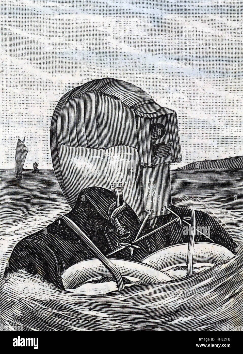 Engraving of William Wilkins' new life-preserver consisting of an atmospheric helmet and belt, known as the Lifebelt. Dated 19th Century Stock Photo