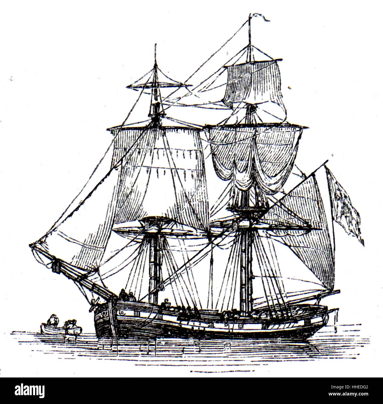 Engraving depicting a vessel equipped with two masts. Dated 19th Century Stock Photo