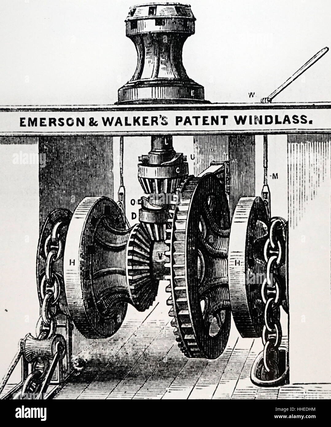 Illustration of a Windlass patented by Emerson & Walker. Dated 19th Century Stock Photo