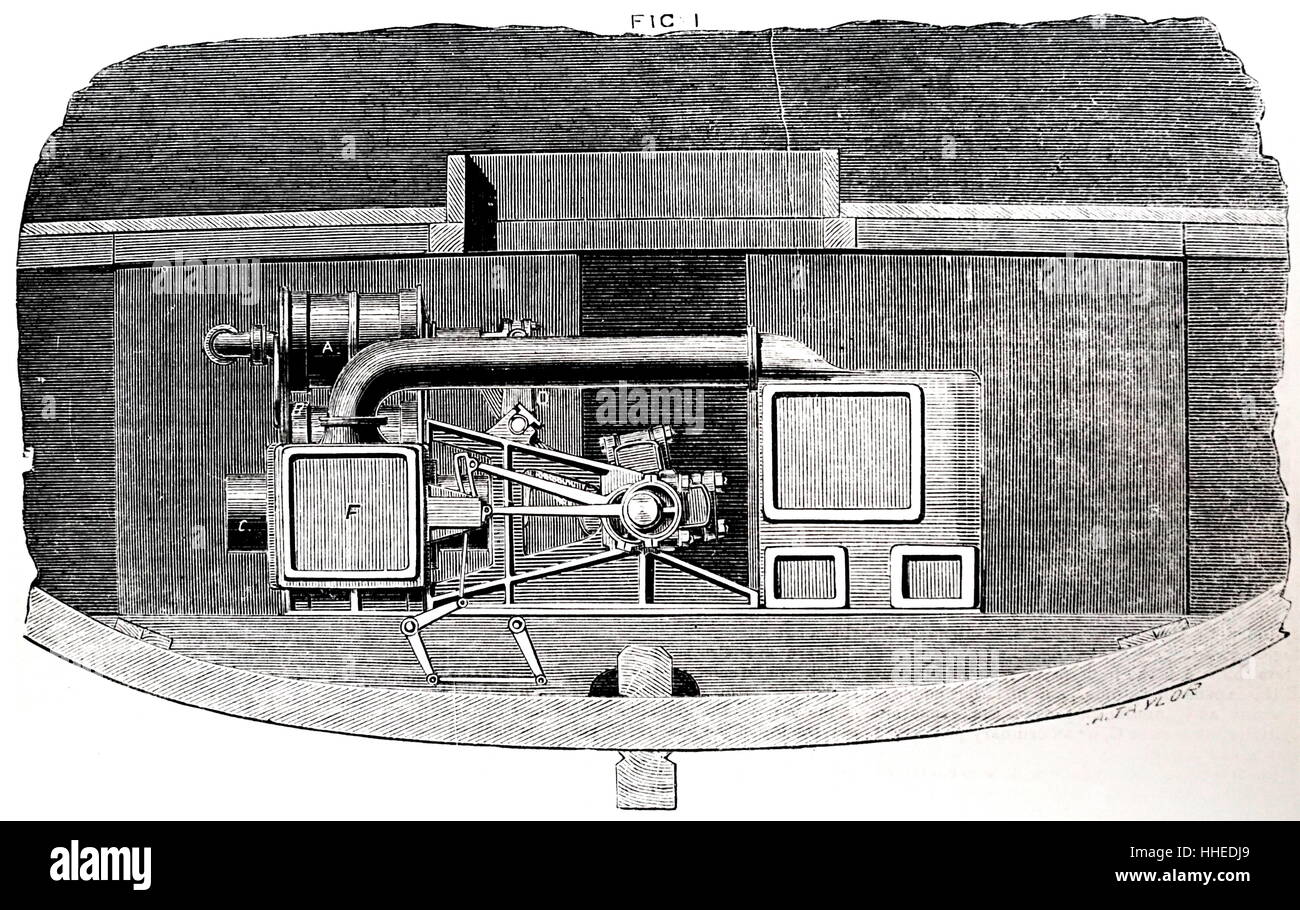 Cutaway view of a steam turbine engine in a small vessel. Dated 19th Century Stock Photo