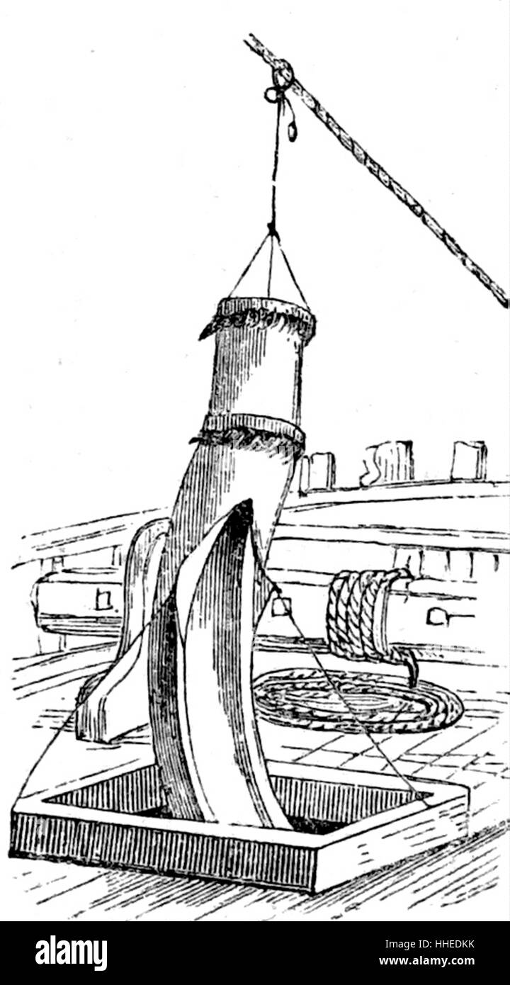 Engraving of a wind sail, a small tube or funnel of canvas, used to convey a stream of air into the lower apartments of a ship. Dated 19th Century Stock Photo