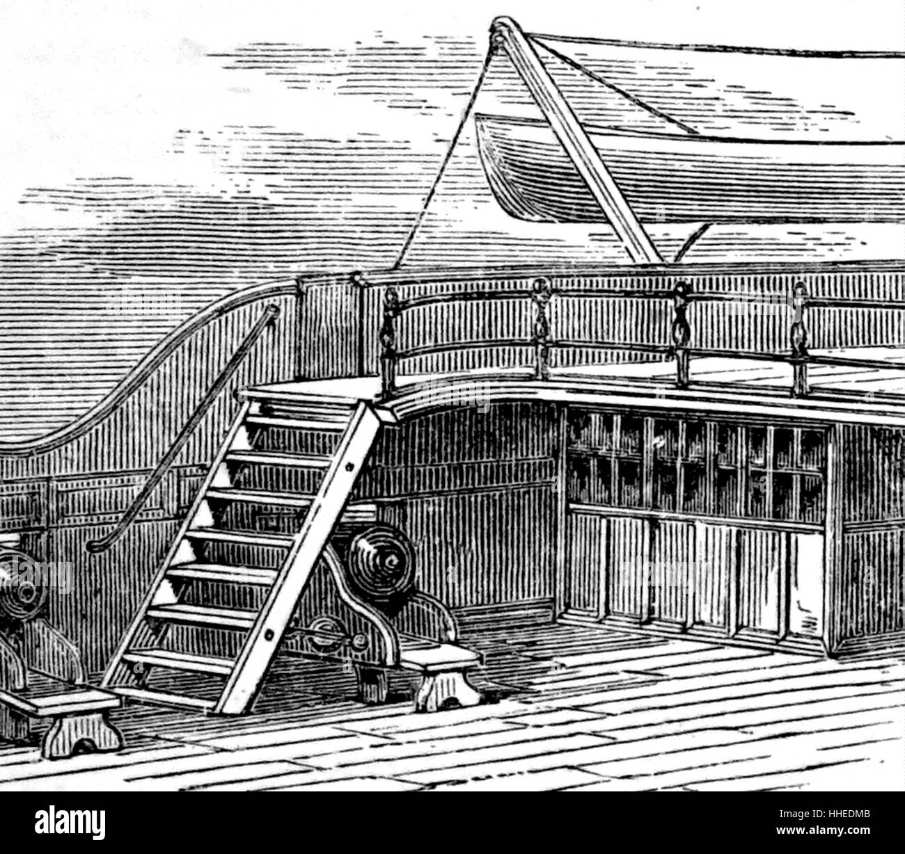 Engraving depicting a Companionway, a raised and windowed hatchway in the ship's deck, with a ladder leading below and the hooded entrance-hatch to the main cabins. Dated 19th Century Stock Photo