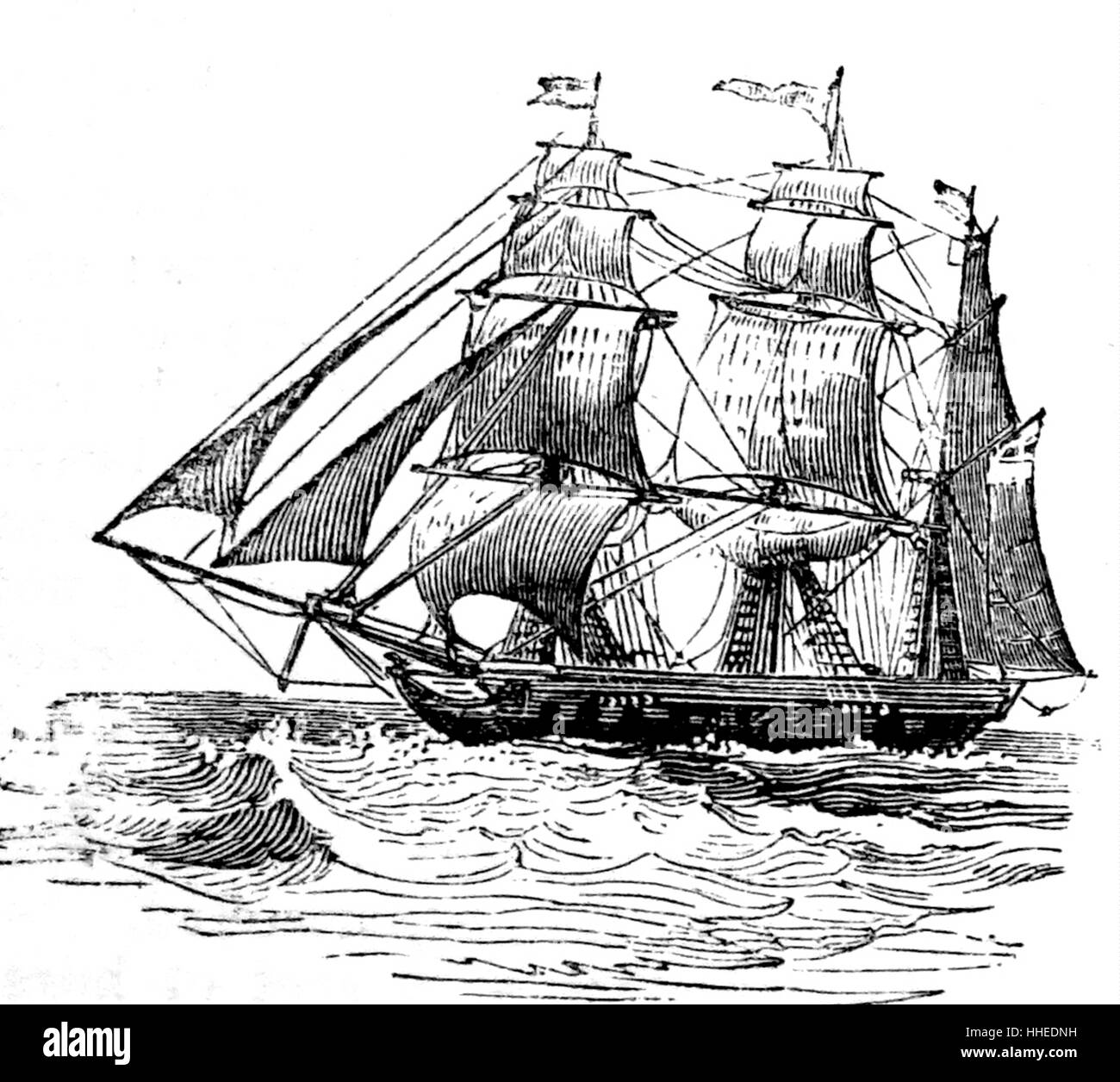 Engraving depicting a barque sailing vessel with three or more masts having the fore- and mainmasts rigged square and only the mizzen(the aftmost mast) rigged fore-and-aft. Dated 19th Century Stock Photo
