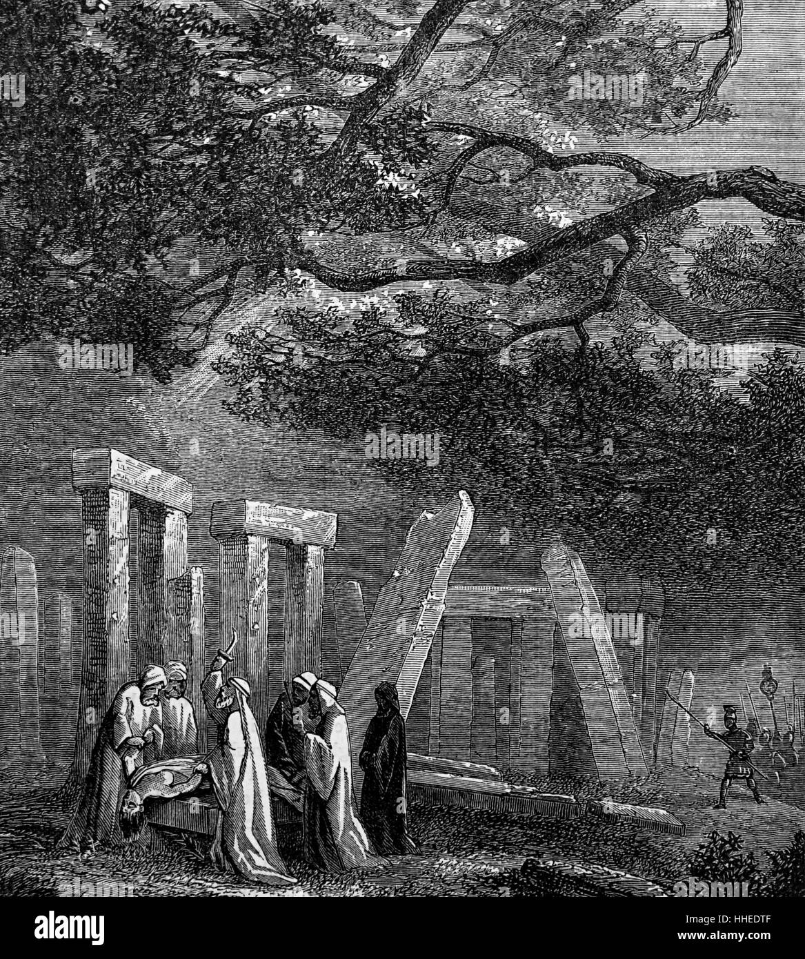 Engraving titled 'The Druid's Last Sacrifice'. Depicted are priests who are about to sacrifice a virgin princess to bring back favour of the Gods, however, the Romans arrived to save her. Dated 19th Century Stock Photo