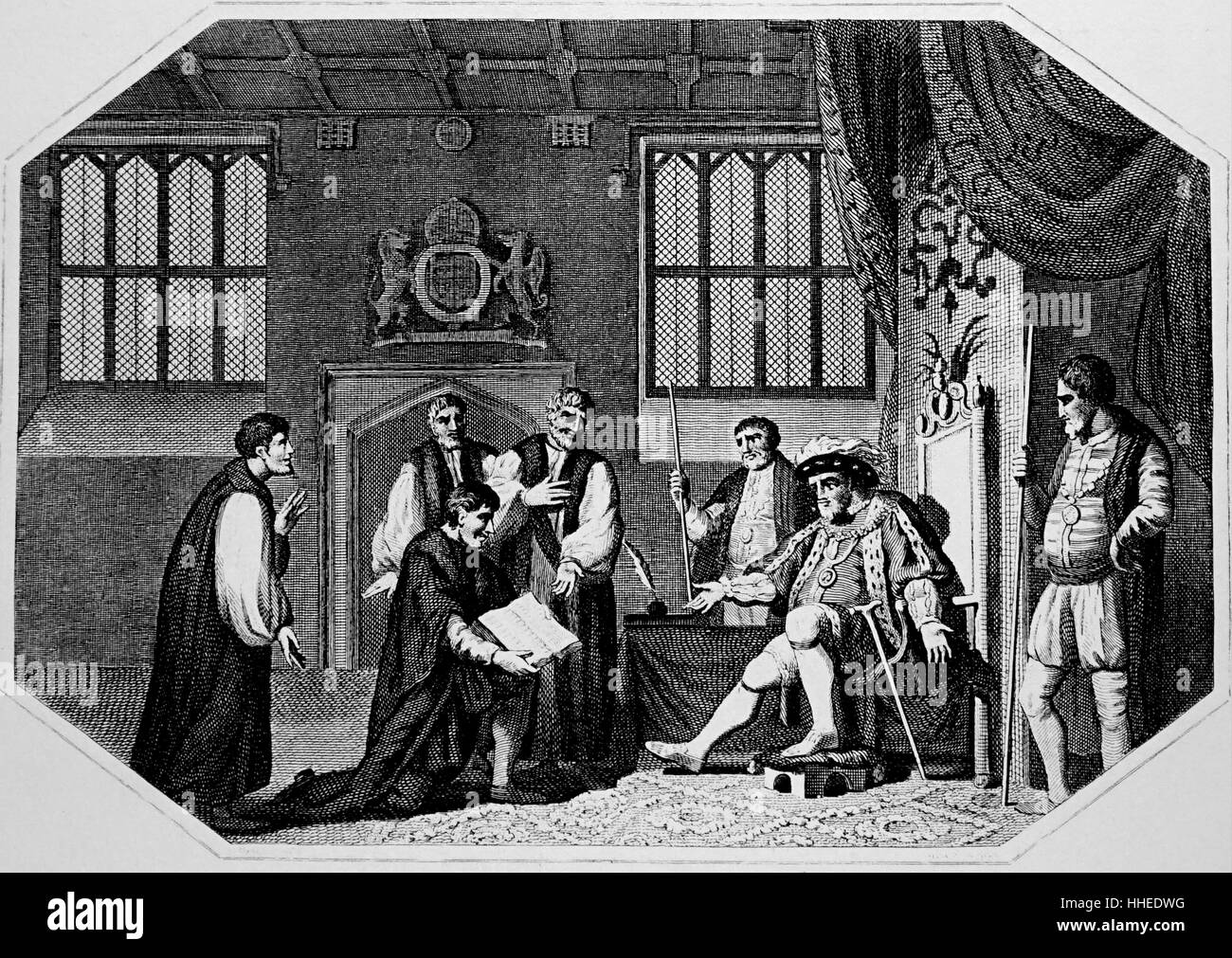 Engraving depicting King Henry VIII being presented with the first
