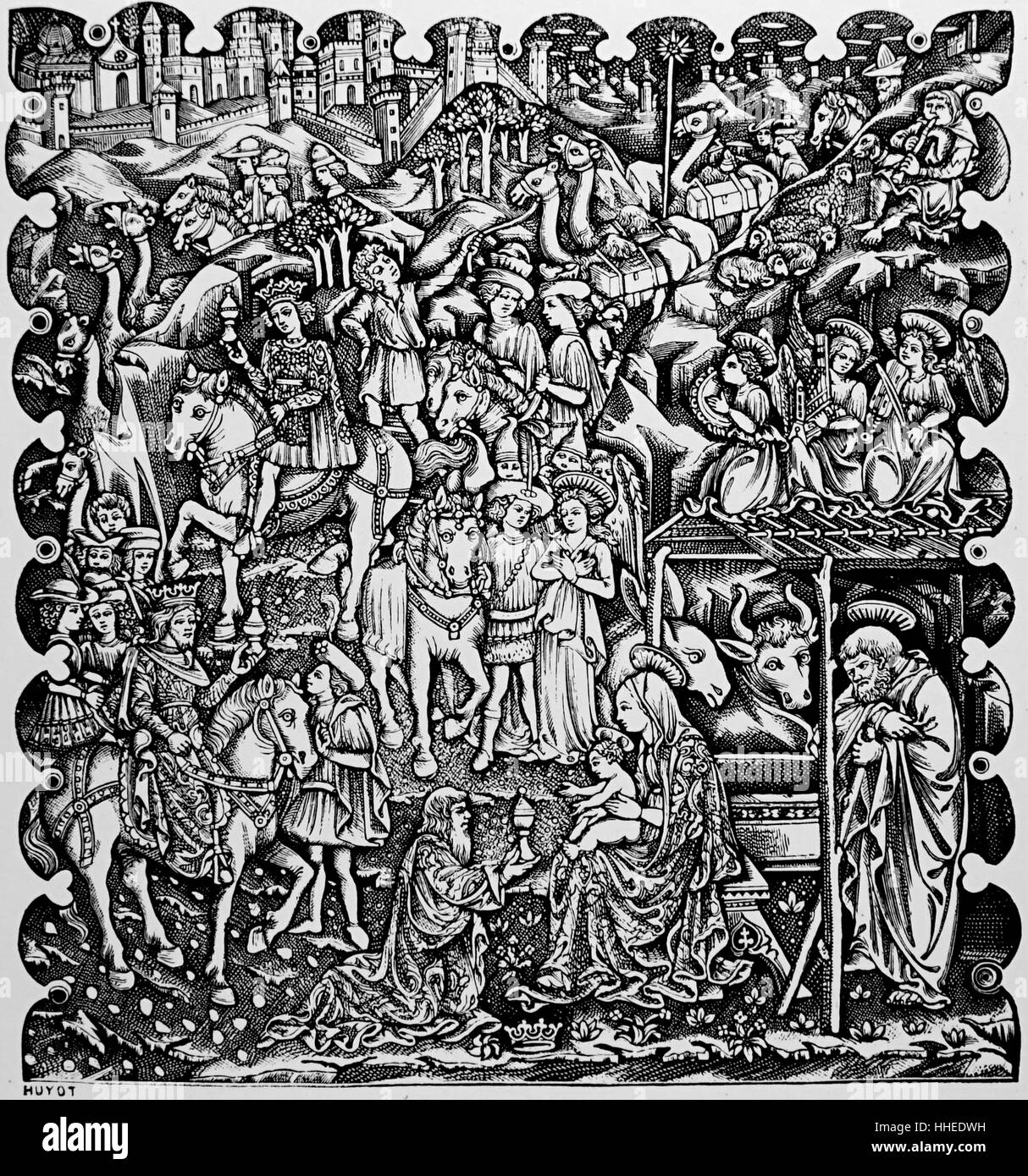 Engraving depicting the Nativity Scene. Dated 15th Century Stock Photo