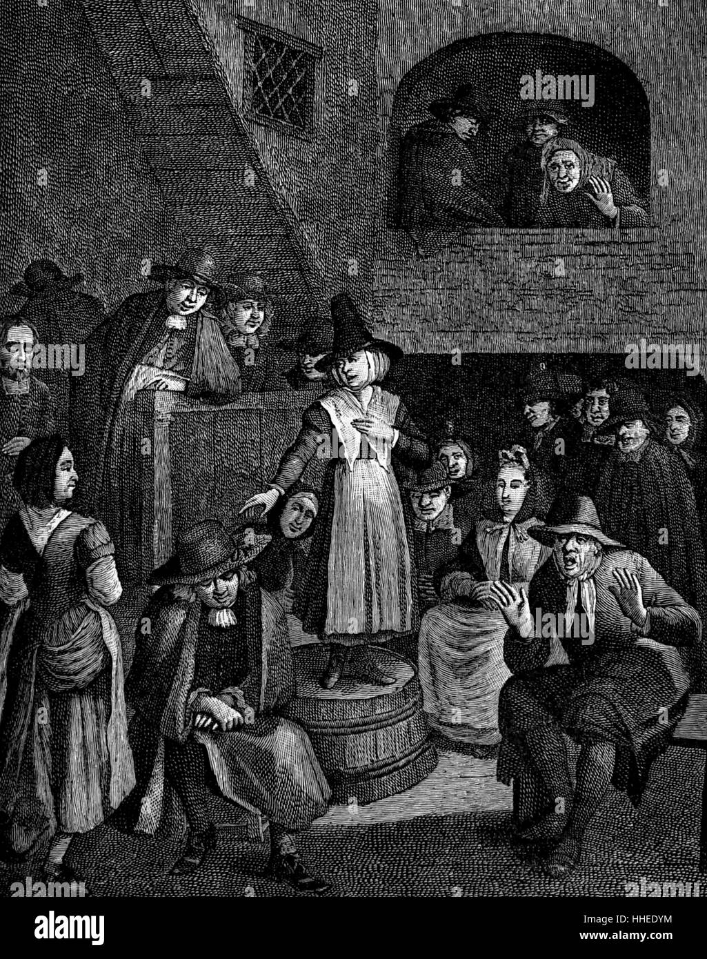 Engraving depicting a Quaker's meeting. Dated 17th Century Stock Photo