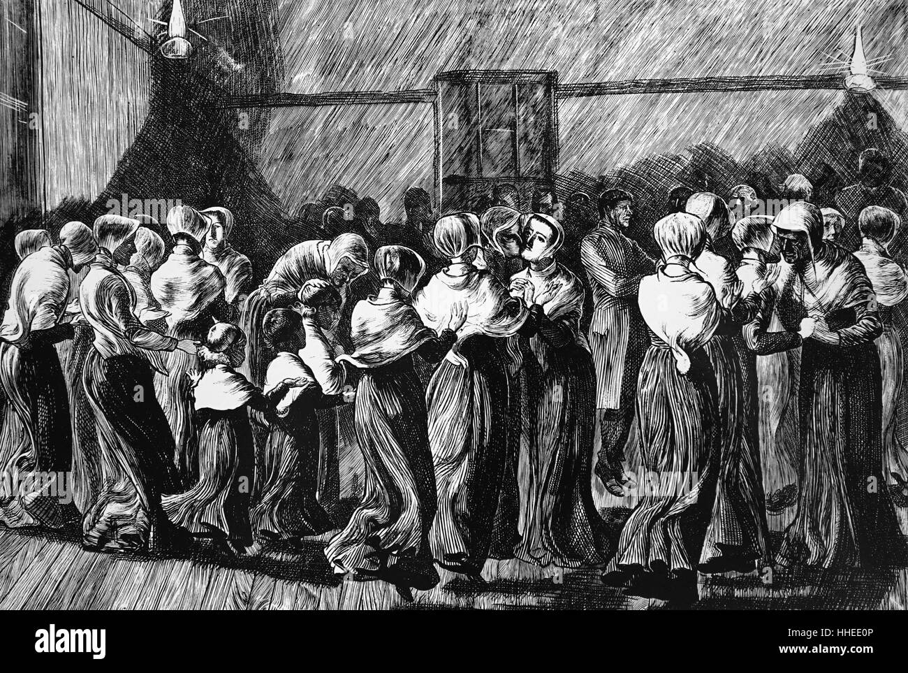 Engraving depicting Shakers dancing at Meeting, holding hands palms upwards to catch God's grace and blessing. Dated 19th Century Stock Photo