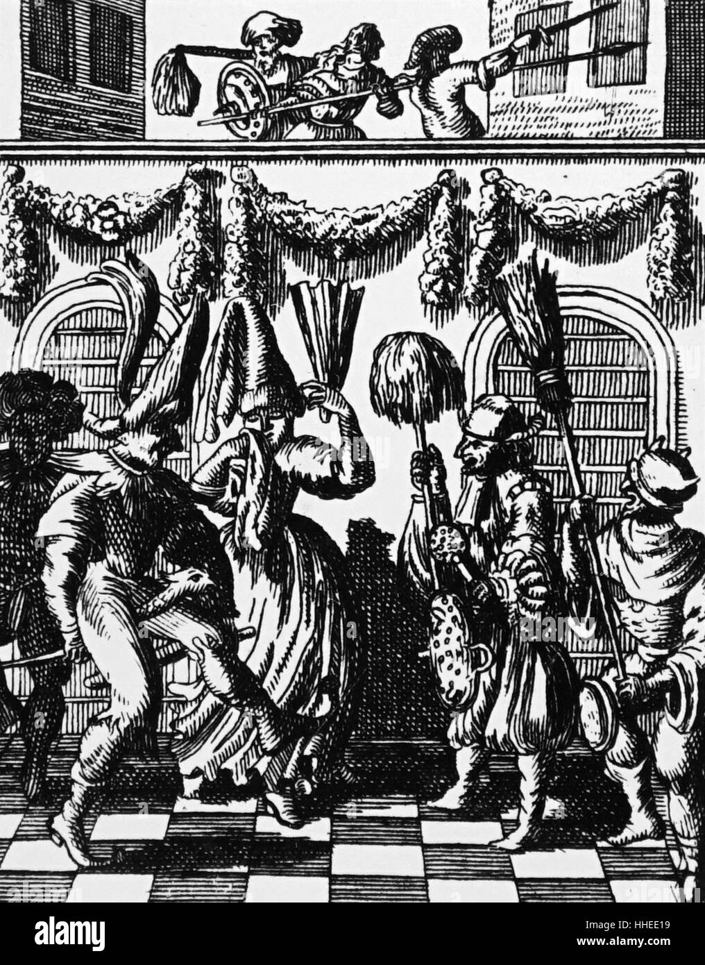 Engraving depicting the celebration of the festival Pruim from Johann Leusden's Philogous Hebraeo-Mixtus. Dated 18th Century Stock Photo