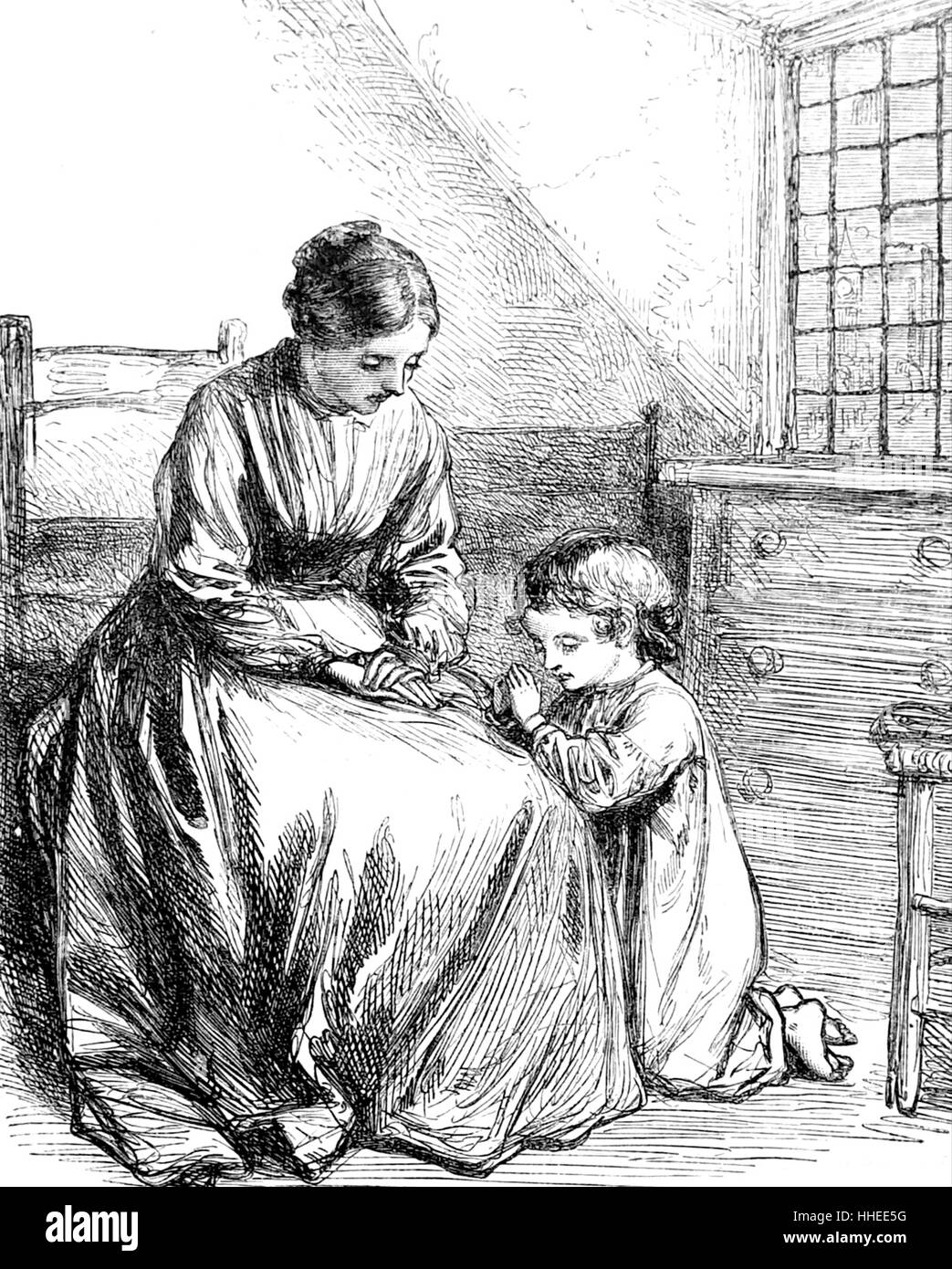 Engraving depicting a mother teaching her young daughter how to pray. Dated 19th Century Stock Photo
