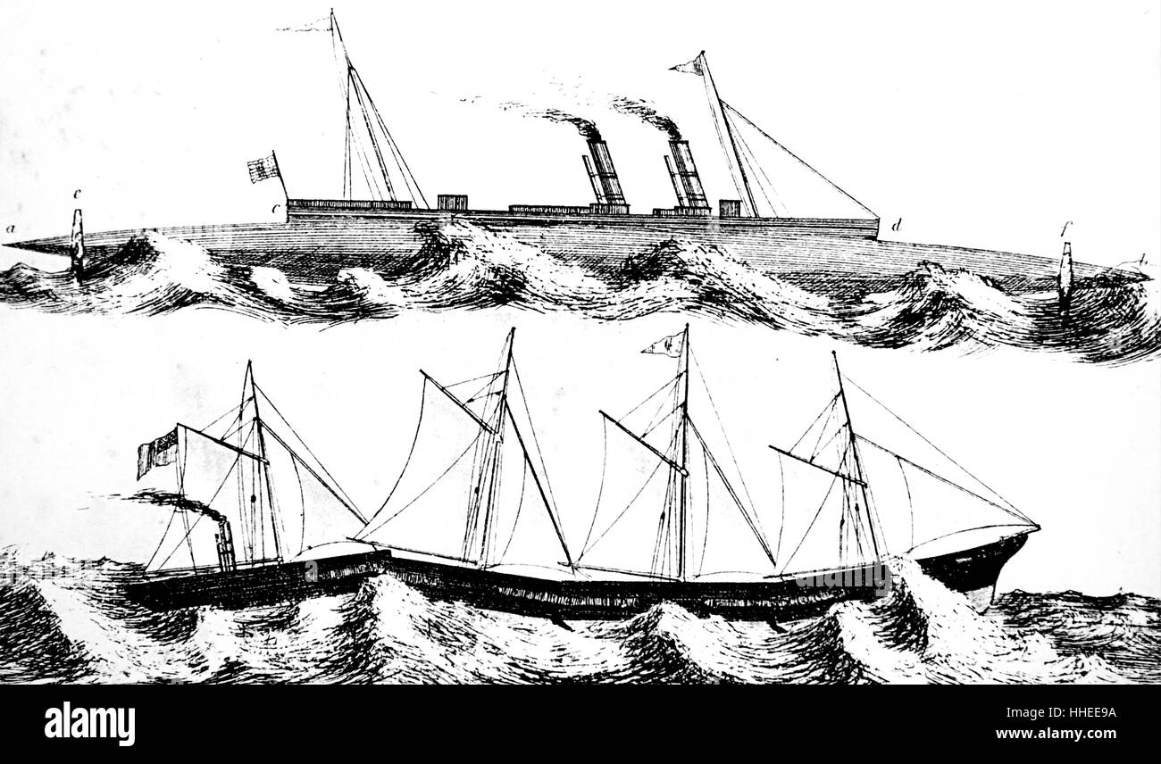 Engraving of Hepworth's 'Cigar' ship and the SS Connector. Dated 19th Century Stock Photo