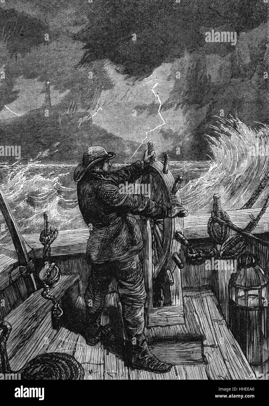 Engraving depicting a helmsman steering through rough weather conditions. Dated 19th Century Stock Photo