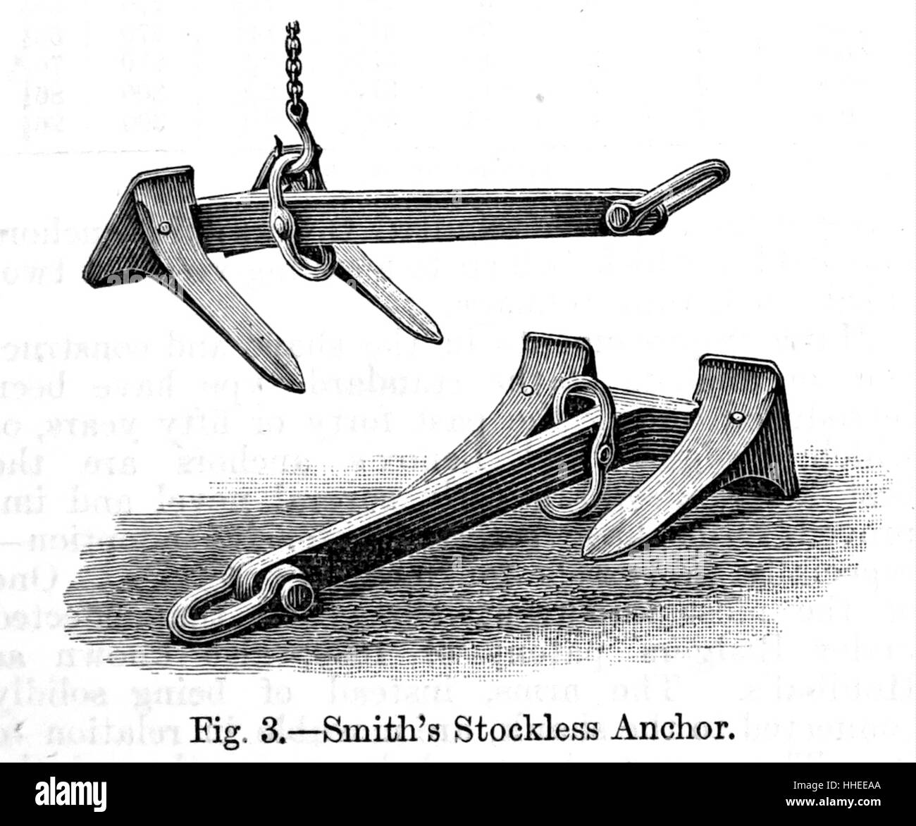 Engraving of a Smith's Stockless anchor, a device used to connect a vessel  to the bed