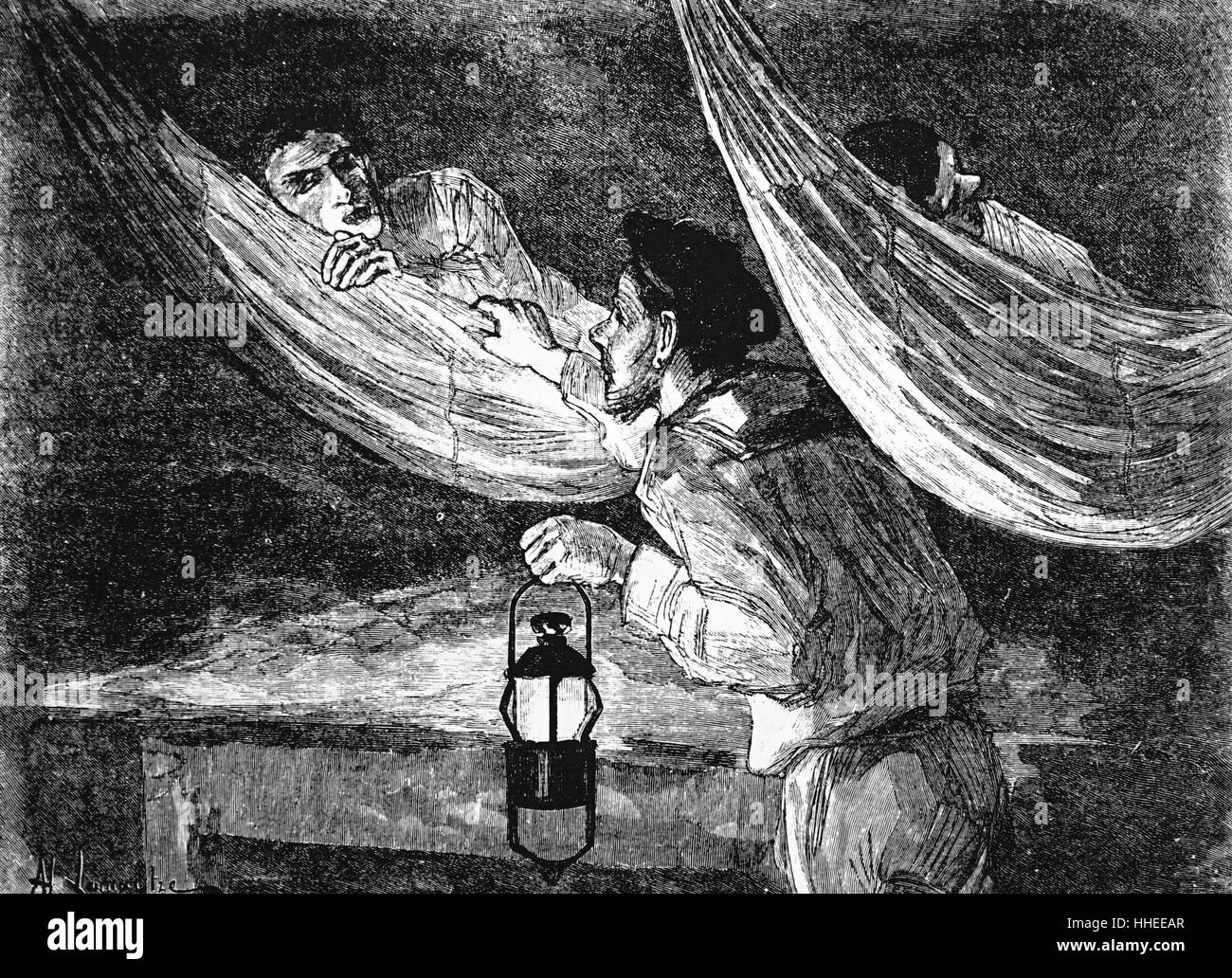 Engraving depicting sailors in their hammocks being woken up for the