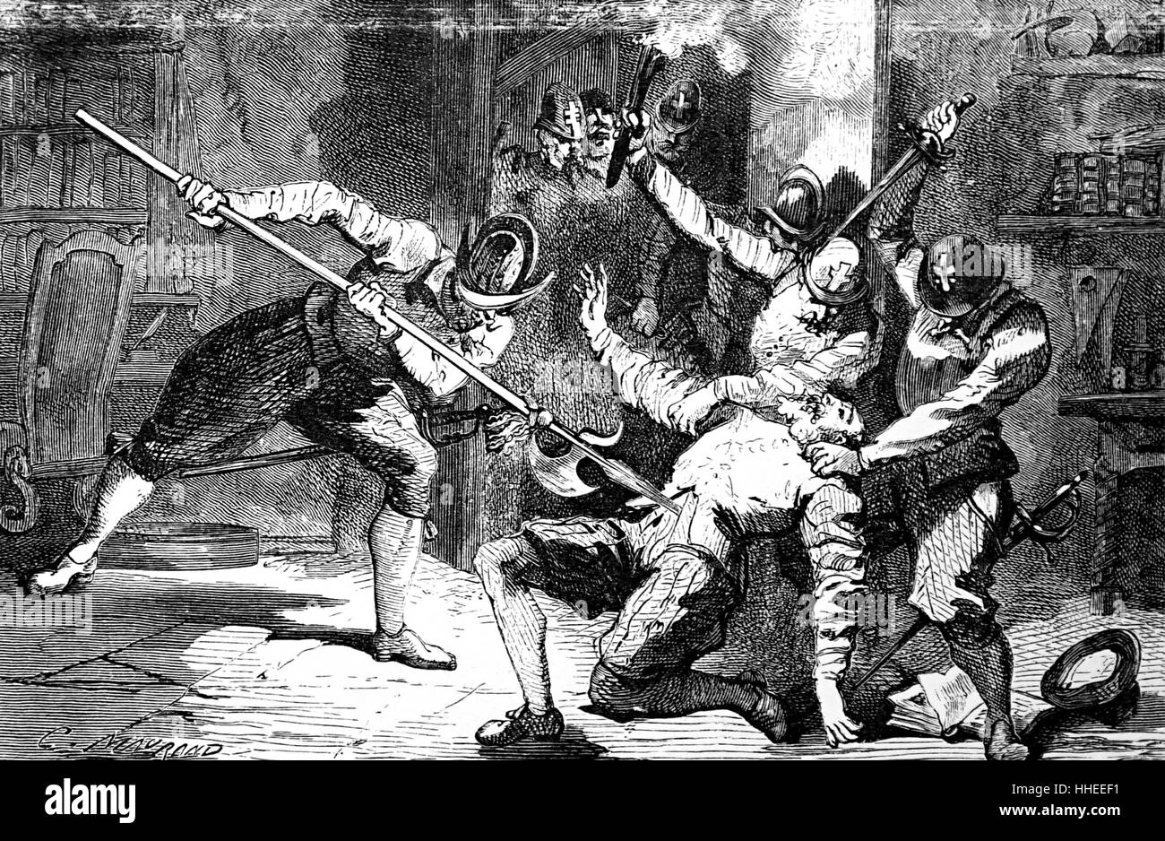 Engraving depicting the murder of Petrus Ramus (1515-1572) an influential French humanist, logician, educational reformer, and Protestant convert, during the St. Bartholomew's Day Massacre. Dated 16th Century Stock Photo