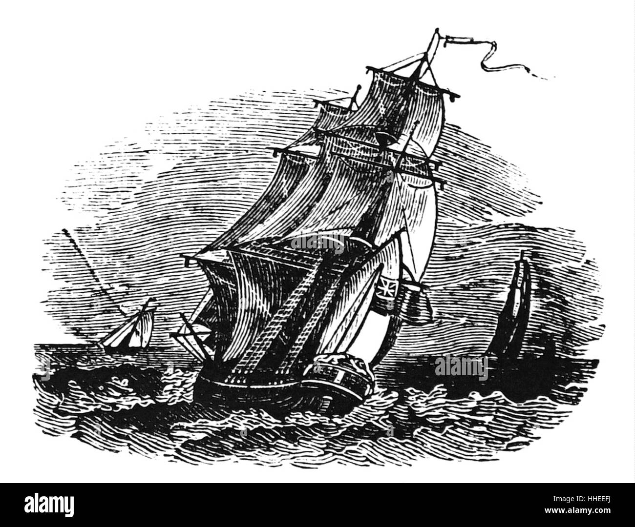Engraving depicting a sailing ship in a stiff breeze and choppy sea. Dated 18th Century Stock Photo