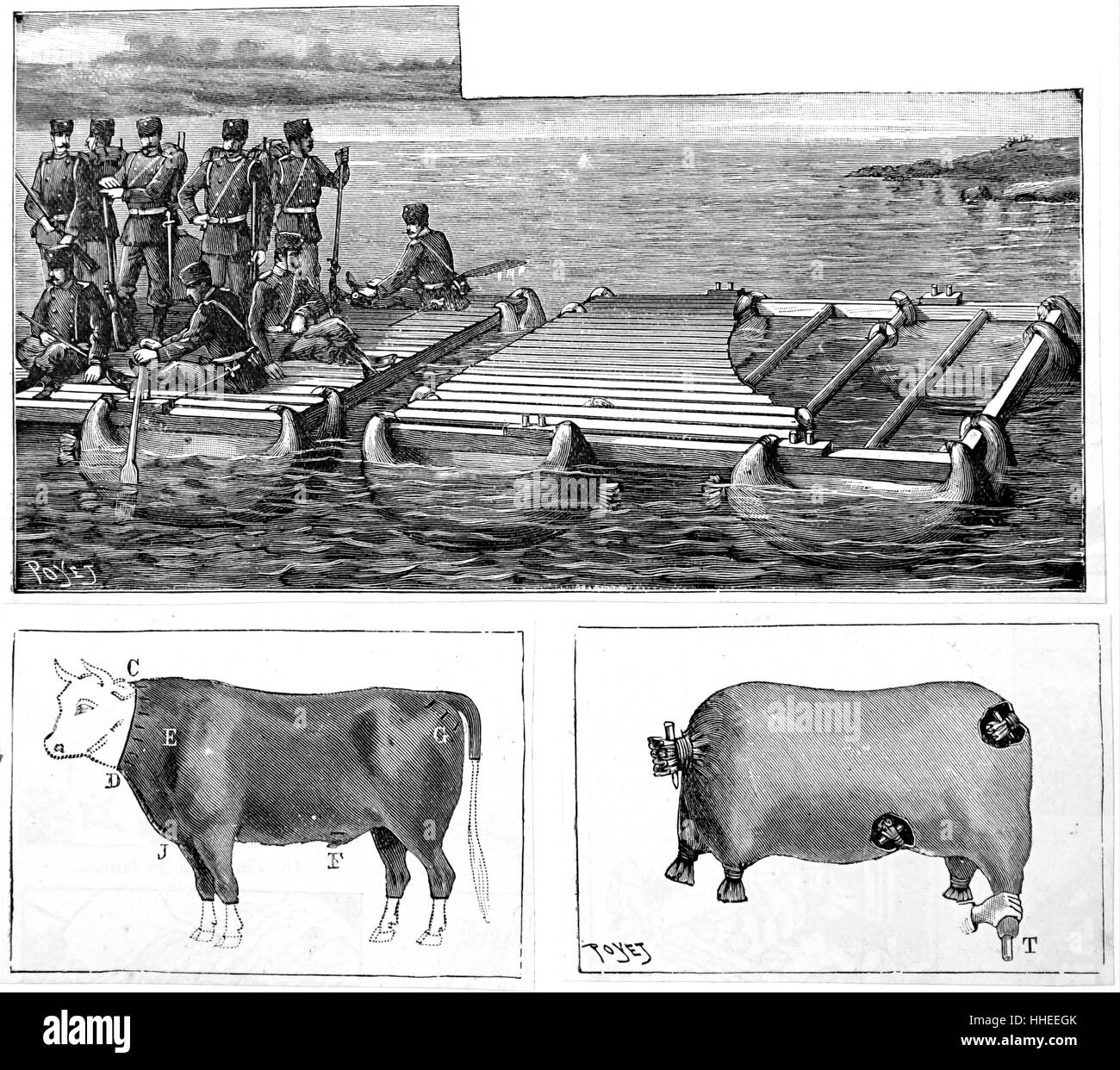 Engraving depicting a Russian military raft using ox skins as floats. Dated 19th Century Stock Photo