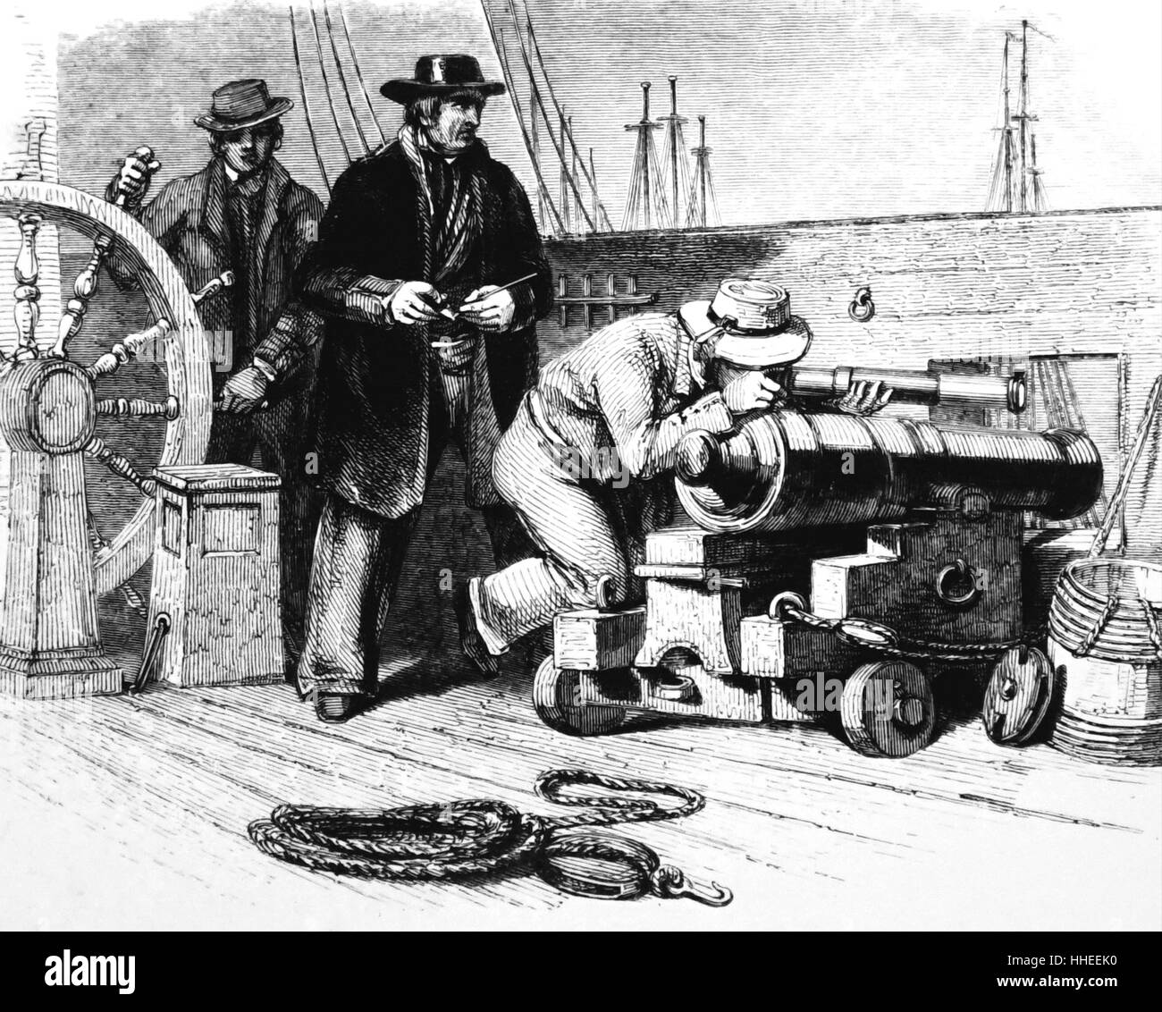 Engraving of Tom Saunders, on board an Indiaman, using a glass to observe another vessel through the gunport. Dated 19th Century Stock Photo