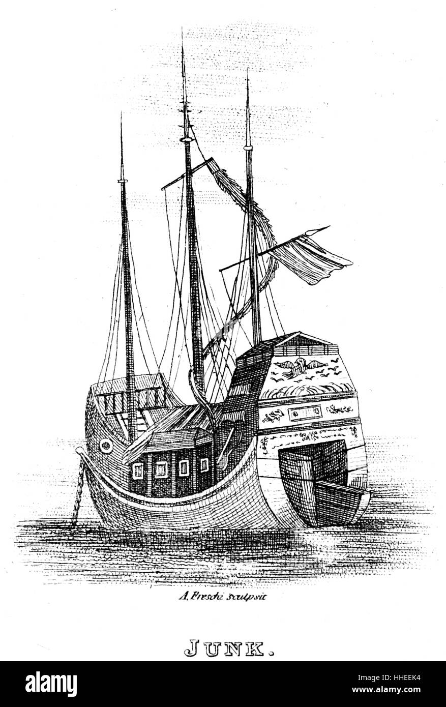 Engraving of a Chinese Junk, an ancient Chinese sailing ship design, with a sternpost rudder. Dated 19th Century Stock Photo