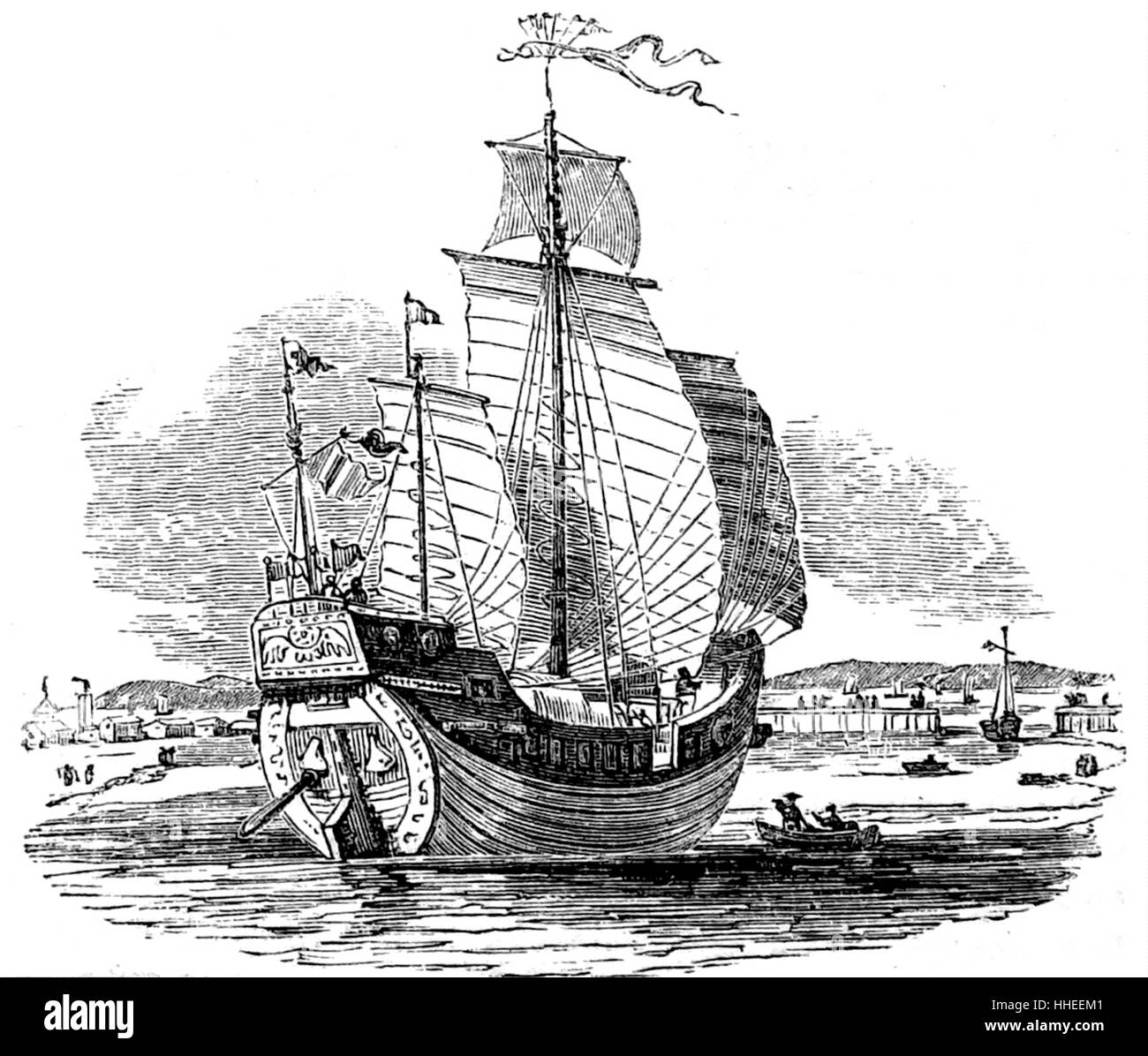 Engraving of a Chinese Junk, an ancient Chinese sailing ...