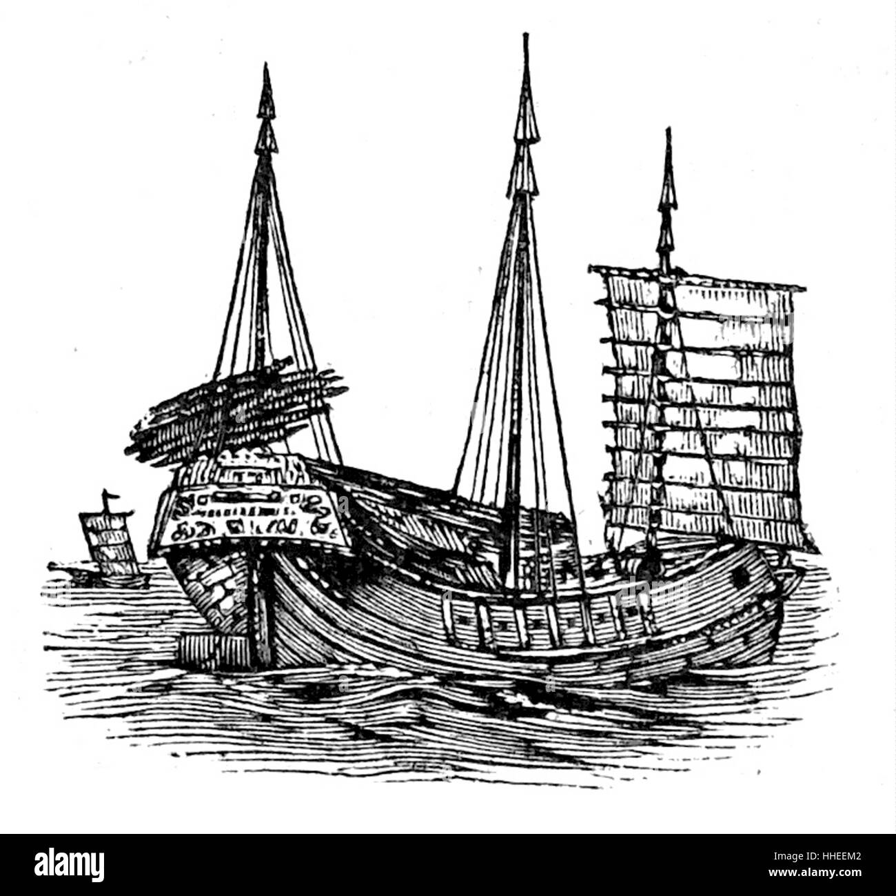 Engraving of a Chinese Junk, an ancient Chinese sailing ship design