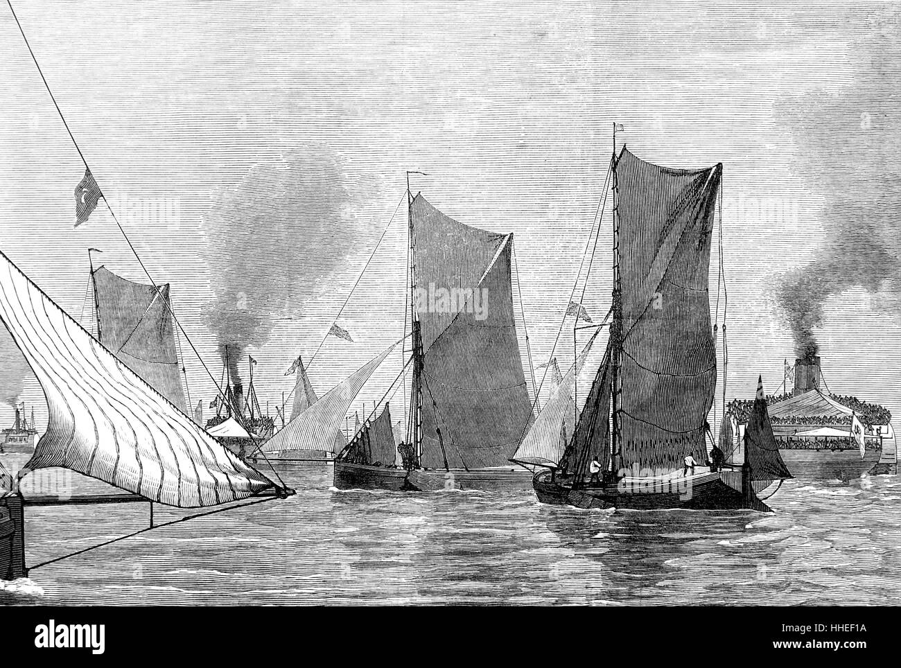Illustration depicting a scene from the twelfth annual sailing-match of the Thames barges. Dated 19th Century Stock Photo