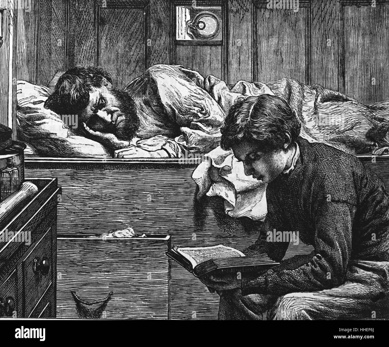 Engraving depicting a Cabin Boy reading to sailors. Dated 19th Century