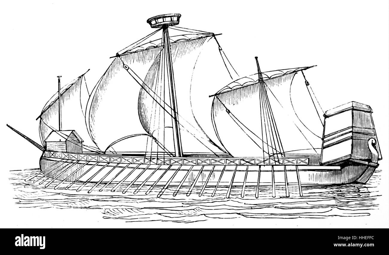 Woodcut print depicting a Galley with three masts. Dated 17th Century Stock Photo