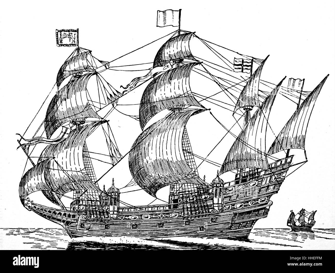 Engraving of a Galleon, a sailing ship originally used as a warship and then later for trade. Dated 18th Century Stock Photo