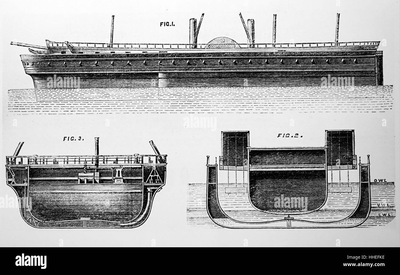 Engraving depicting a double sided iron floating dock, designed by George Lenix. Dated 19th Century Stock Photo