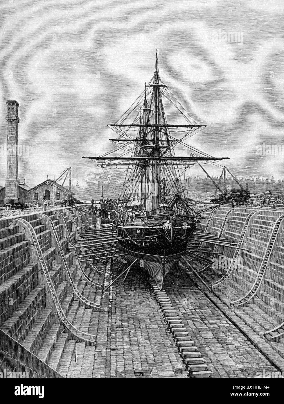 Illustration of the dry docks at the Victoria Docks. Dated 19th Century Stock Photo