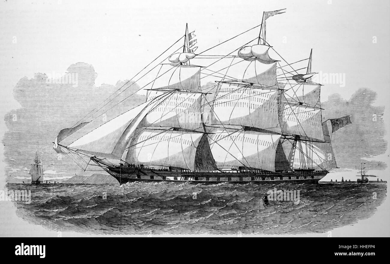 Engraving of the White Star Line Iron Clipper 'Tayleur', being launched from the Bank Quay Foundry Co.'s Yard, Mersey. Dated 19th Century Stock Photo