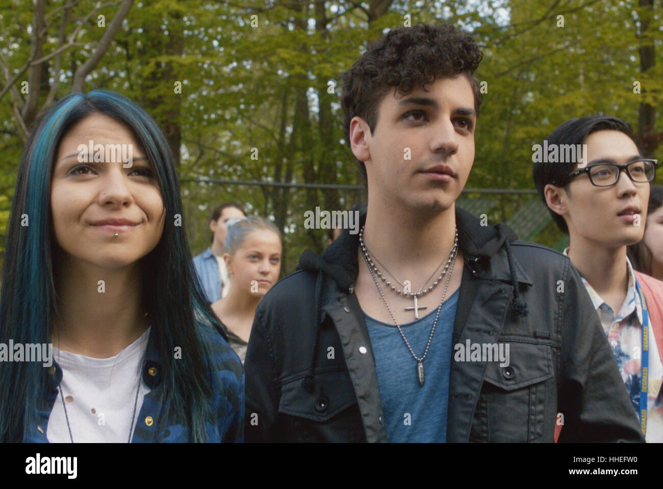 DEGRASSI: NEXT CLASS, (from left): Nikki Gould, Ehren Kassam, Andre Kim,  '#BreakTheInternet', (Season 3, ep. 301, aired Jan. 6, 2017). photo:  ©Netflix / courtesy Everett Collection Stock Photo - Alamy, image size:1300x958