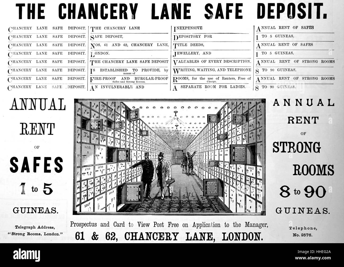 Advert for a rentable Chancery Lane Safe Deposit. Dated 19th Century Stock Photo