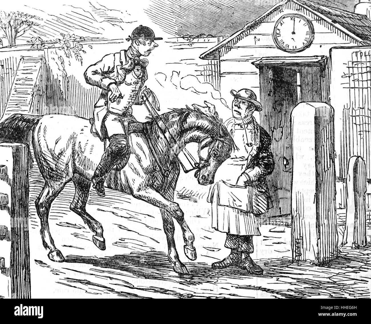 Engraving depicting a rider being charged for going through a toll-gate. Dated 19th Century Stock Photo