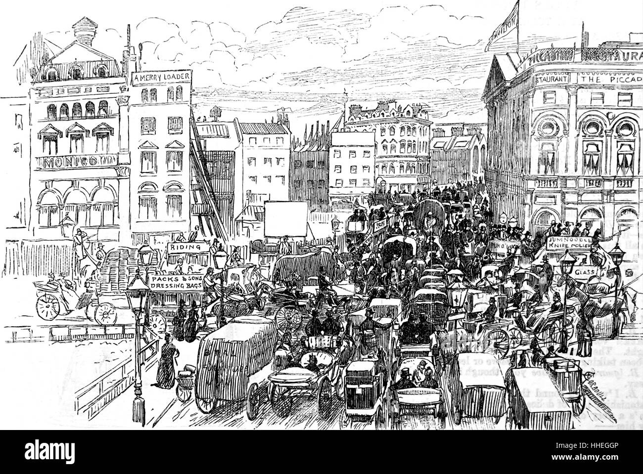 Cartoon depicting Piccadilly Circus crowded with traffic. Dated 19th Century Stock Photo