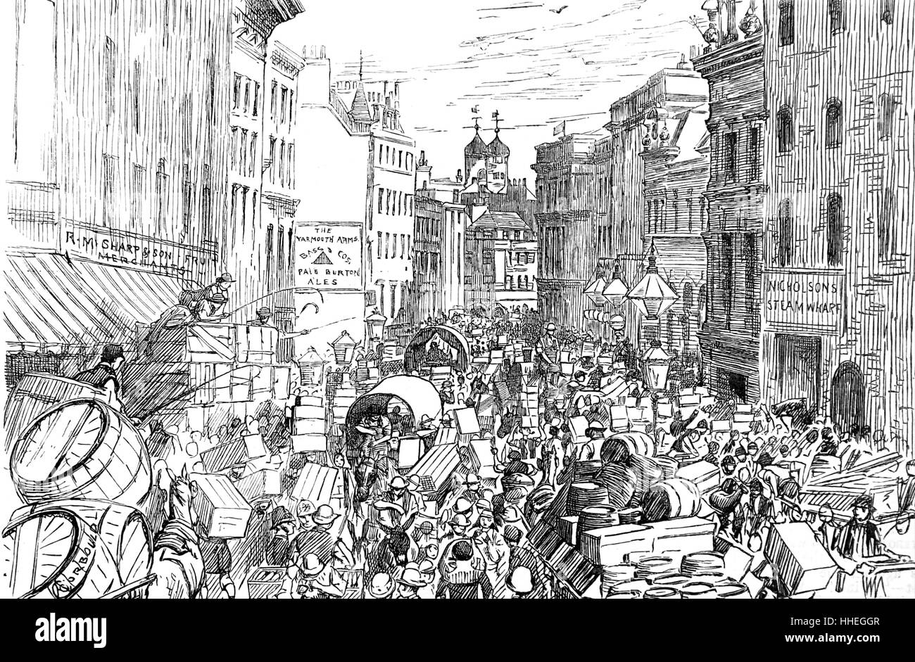 Cartoon depicting Nicholson's Wharf crowded with traffic. Dated 19th Century Stock Photo