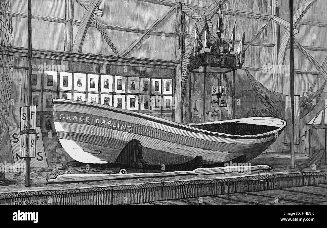 Engraving depicting Grace Darling's boat on show at the International Fisheries Exhibition. Dated 19th Century Stock Photo