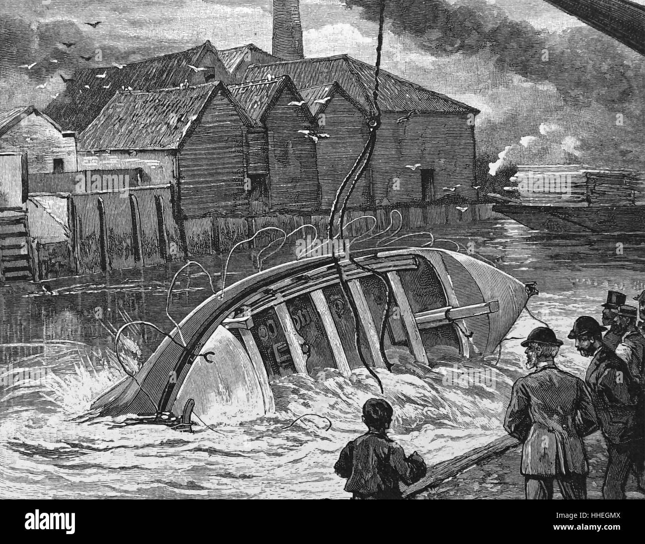 Engraving depicting the testing a self-righting lifeboat in the yard of the National Lifeboat Institution. Dated 19th Century Stock Photo