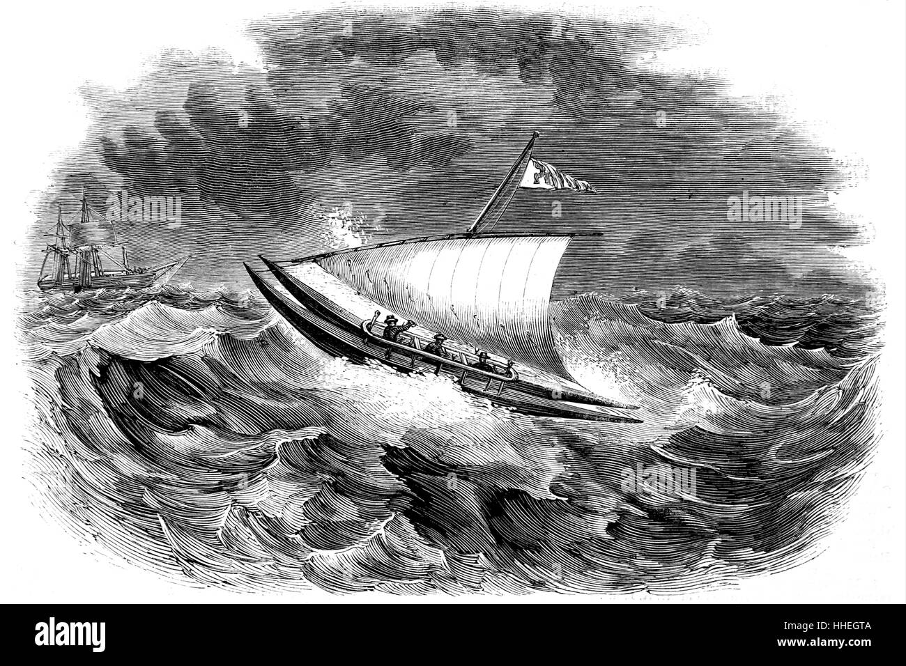 Engraving of a ship in rough seas. Dated 19th Century Stock Photo