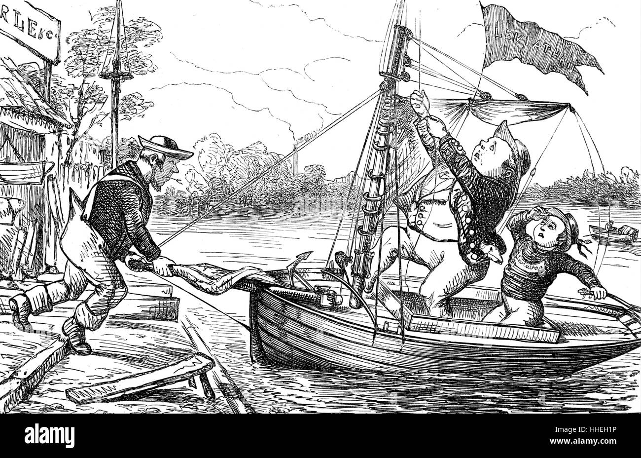 Cartoon depicting the launch of the 'Leviathan' named after a sea monster referenced in the Tanakh, or the Old Testament. Dated 19th Century Stock Photo