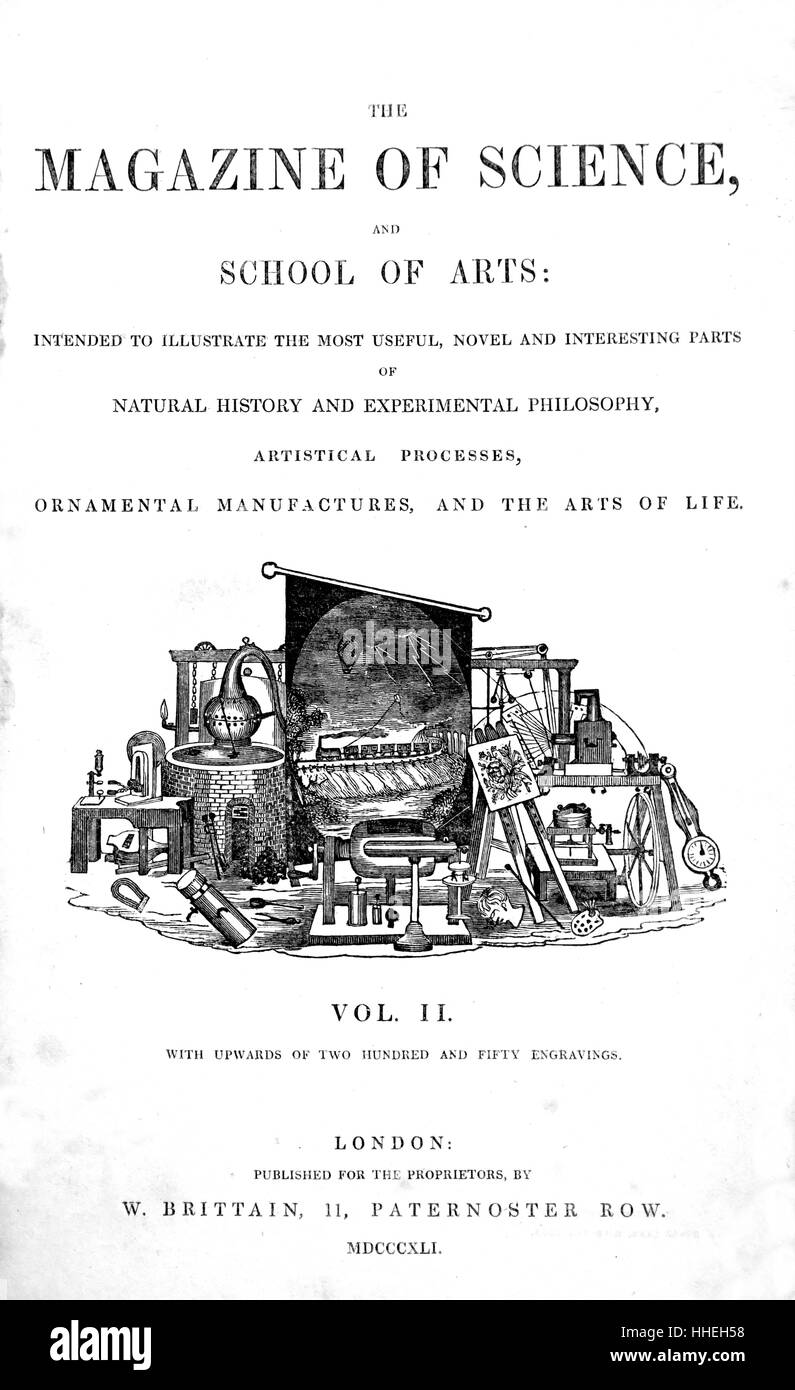Title page of the 'Magazine of Science and School of Arts Vol II'. Dated 19th Century Stock Photo