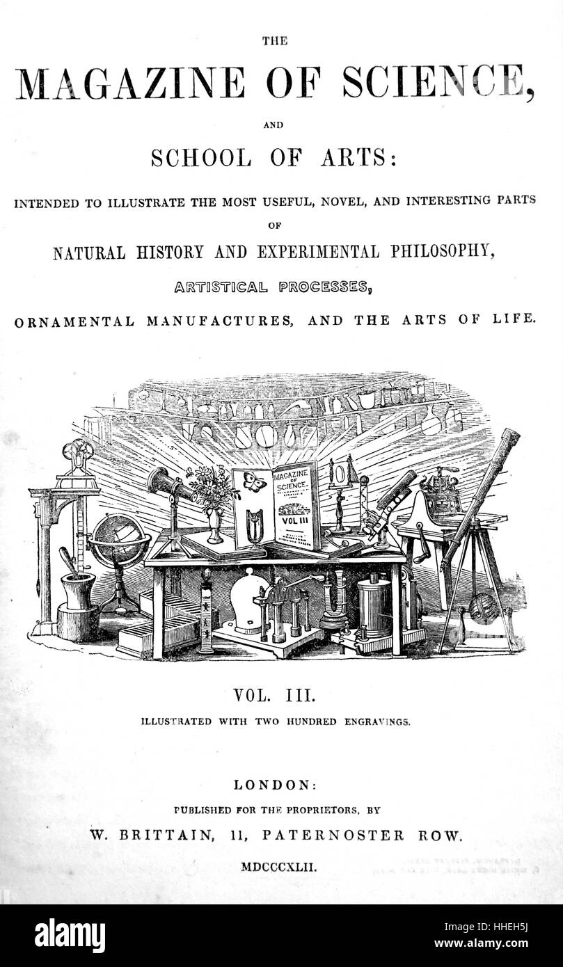 Title page of the 'Magazine of Science and School of Arts Vol III'. Dated 19th Century Stock Photo