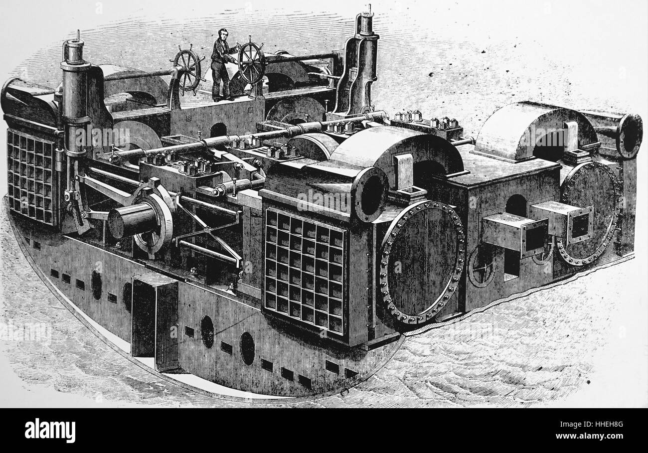 Engraving depicting the 'Great Eastern' used during the creation of the Atlantic Telegraph. Showing the screw engine room. Dated 19th Century Stock Photo