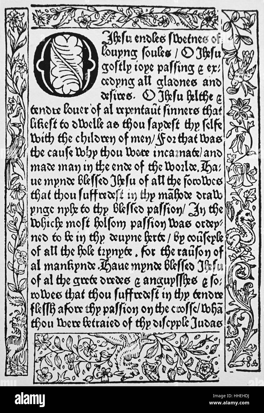 Page from 'XV O'es' by William Caxton (1422-1491) n English merchant, diplomat, writer and printer. Dated 15th Century Stock Photo