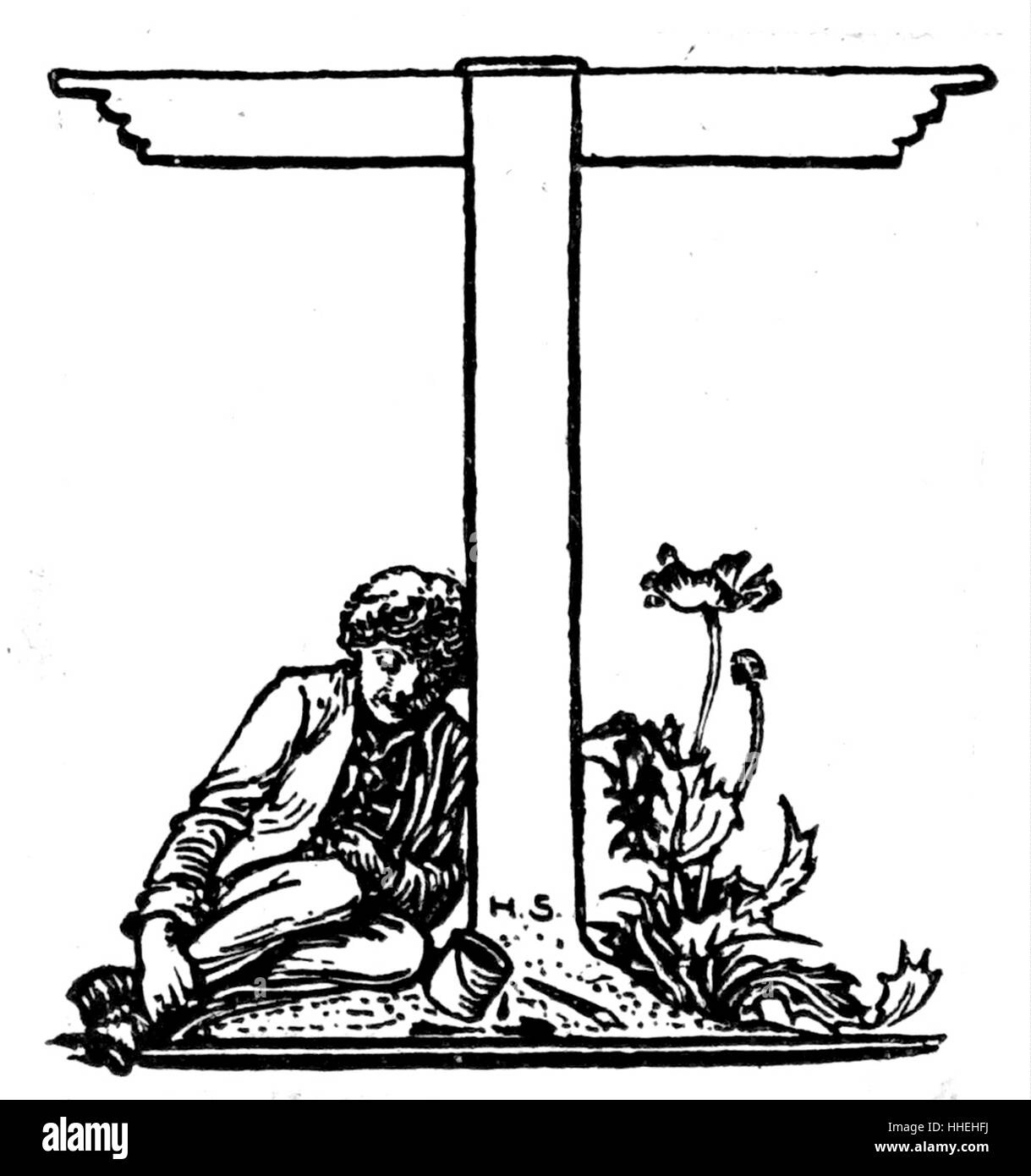 Initial letter 'T' depicting a boy resting by a signpost, by George Heywood Sumner (1853-1940). Dated 19th Century Stock Photo