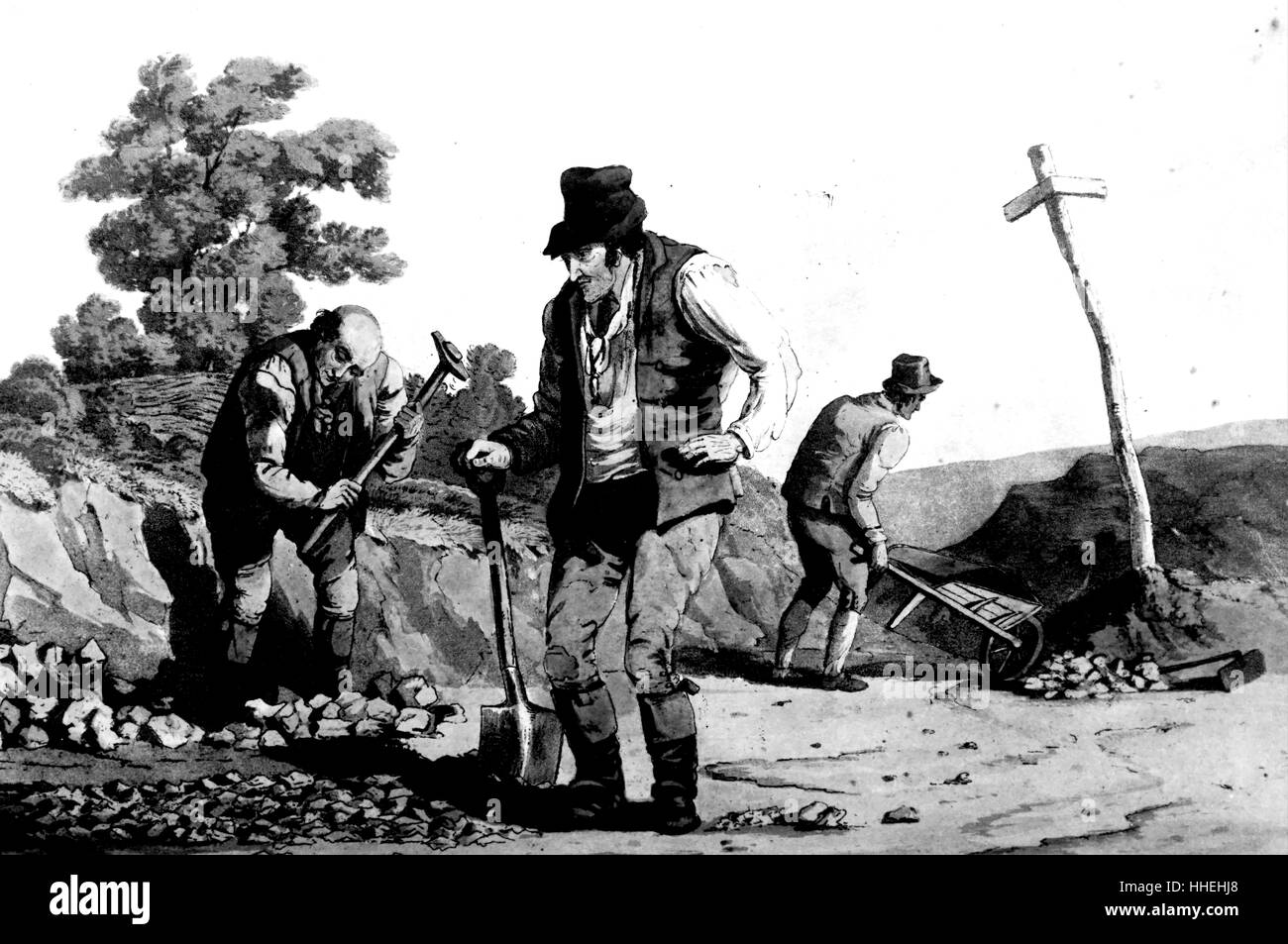 Engraving of stone-breakers on the roadside. Dated 19th Century Stock Photo