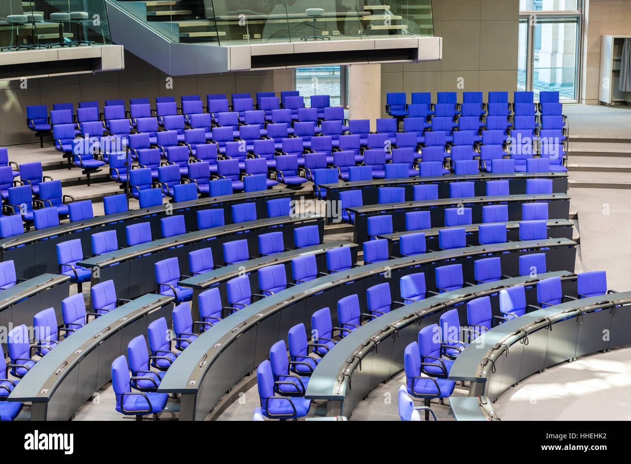 Empty plenary hall of German government, Deutscher Bundestag, Reichstag building, interior, Government District, Berlin, Germany Stock Photo