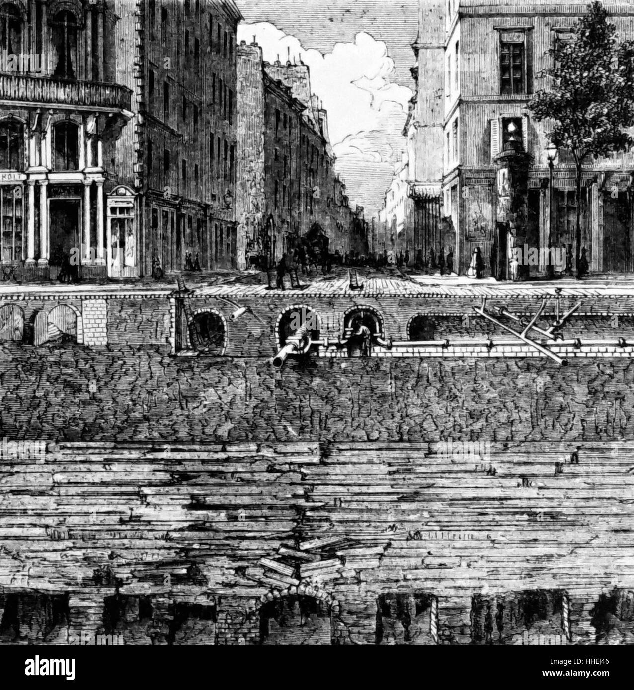 Engraving of a cross-section of a Paris street showing location of public services. Dated 19th Century Stock Photo